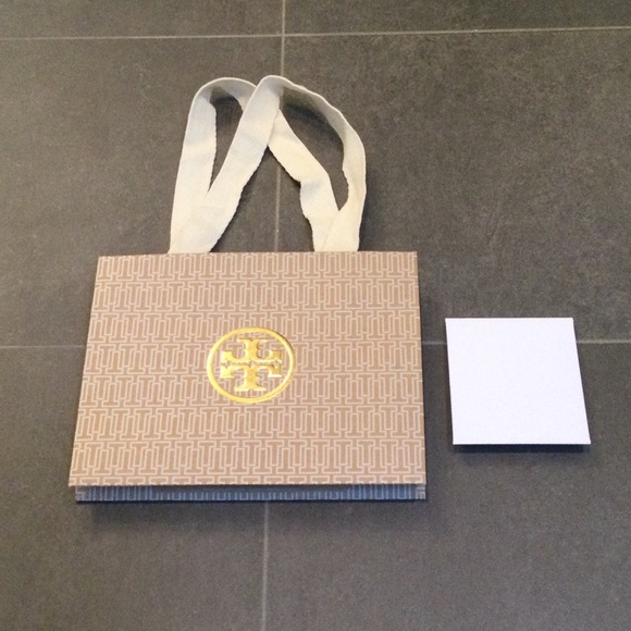 Small Tory Burch brown paper gift bag with gold lettering with a small envelope - Picture 1 of 5